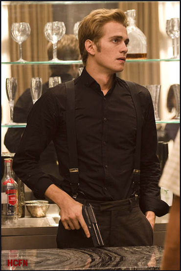 Hayden Christensen on the set of Bone Deep with gun