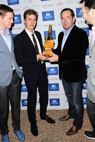 Hayden Christensen and brother Tove are presented a sparkling Jeroboam engraved with their names at the Glacier Films Launch party in Cannes.