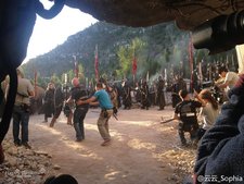 Hayden Christensen engages in battle with broad swords on the set of Outcast.