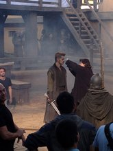 Hayden Christensen gets make-up and hair touch-up before a scene for Outcast.