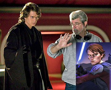 Hayden Christensen, George Lucas on the set of Revenge of the Sith.