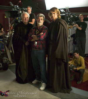 On the set of Revenge of the Sith with Ian McDiarmid, George Lucas and Hayden Christensen