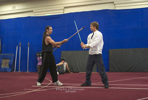 Hayden Christensen light saber training for Star Wars Revenge of the Sith.