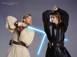 Hayden Christensen and Ewan McGregor light saber face-off in Star Wars Revenge of the Sith.