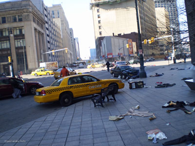 A deserted Detroit city street is prepared for a scene from Vanishing on 7th Street starring Hayden Christensen.